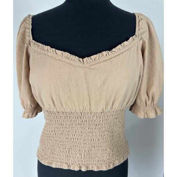 Abercrombie & Fitch Size XL Brown Puff Sleeve Smocked Crop Top Boho Y2K Women's - Picture 9 of 9